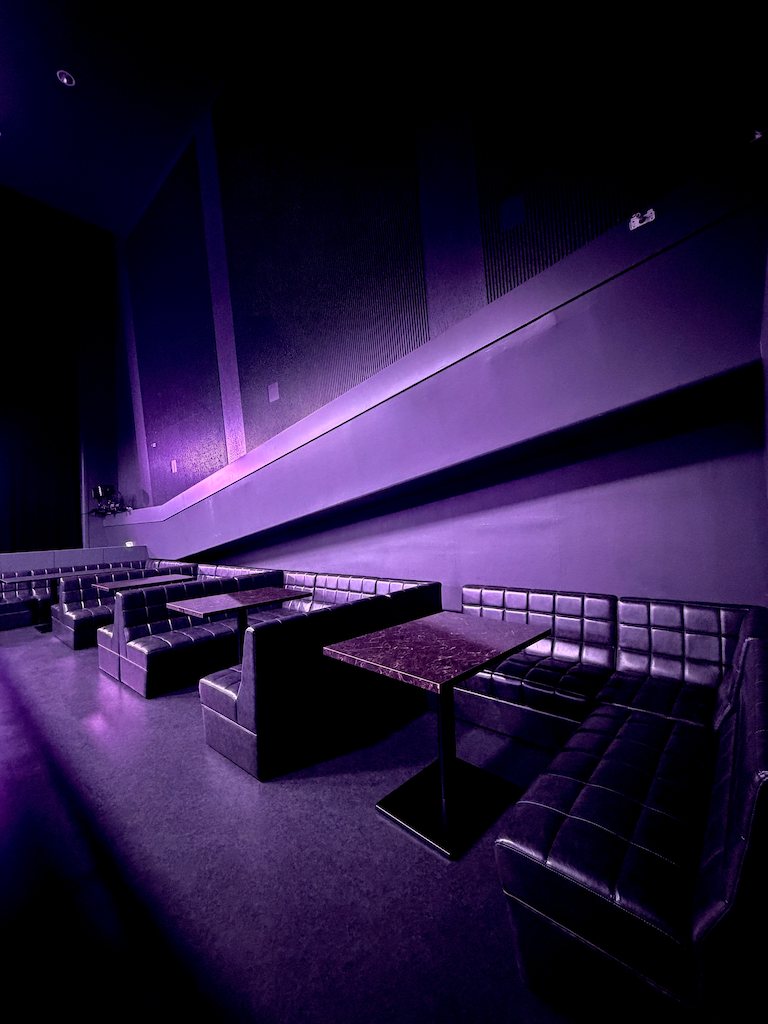 A row of VIP seats: U-shaped leather sofas and marble tables at even intervals